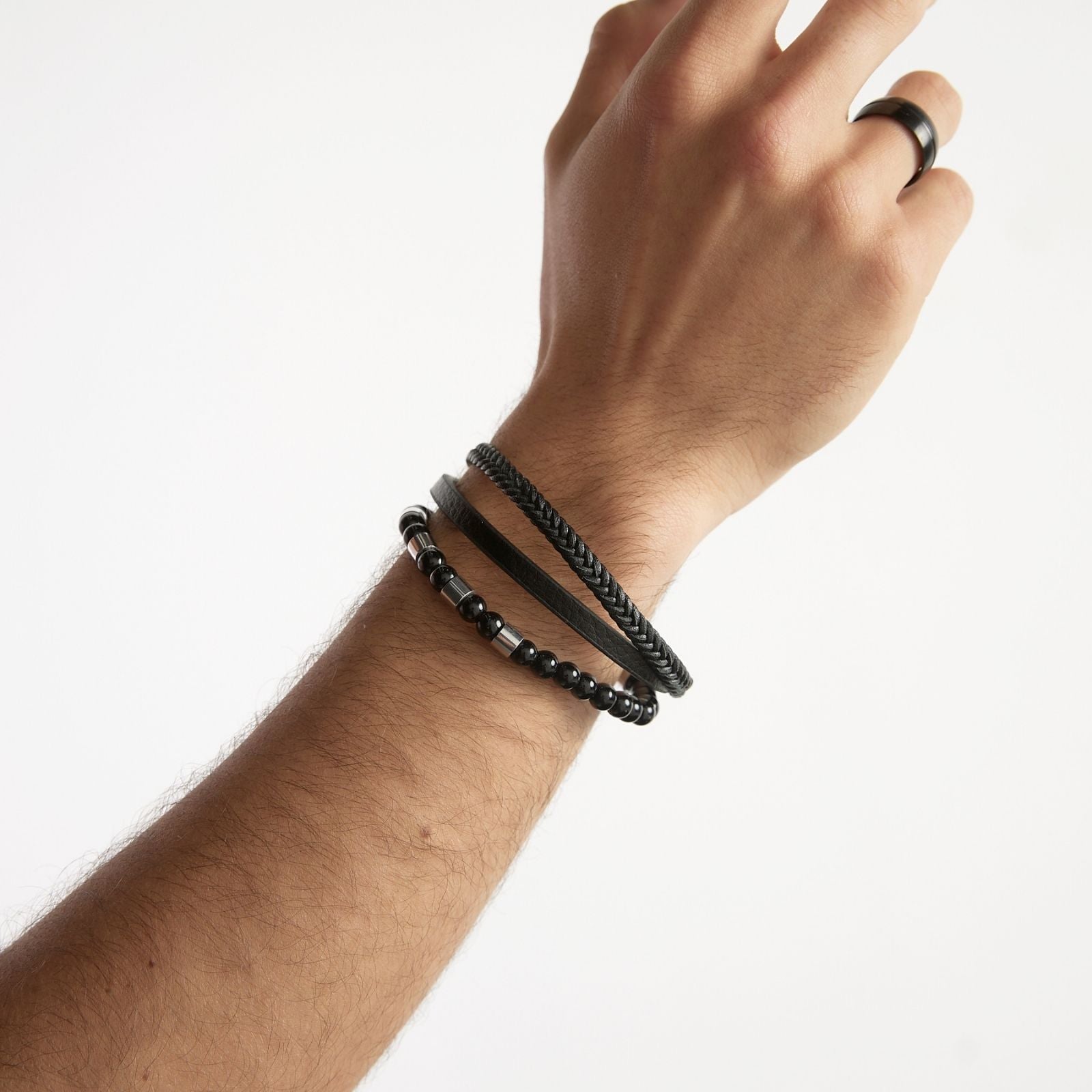 Pulsera unisex Triple (mostacilla + trenza + liso) - Cuero Sintético Acero Inoxidable - Plateada