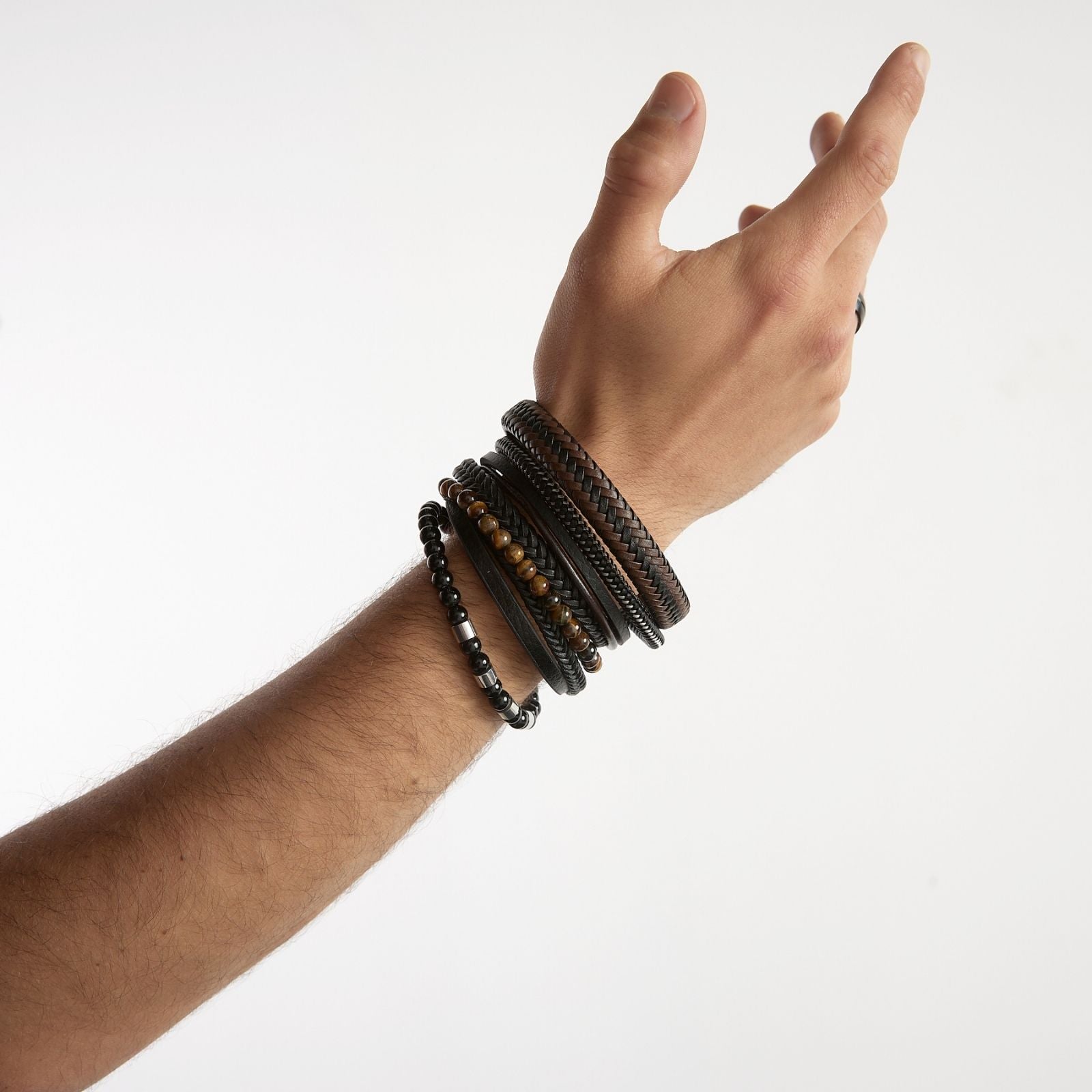 Pulsera unisex Triple (mostacilla + trenza + liso) - Cuero Sintético Acero Inoxidable - Plateada