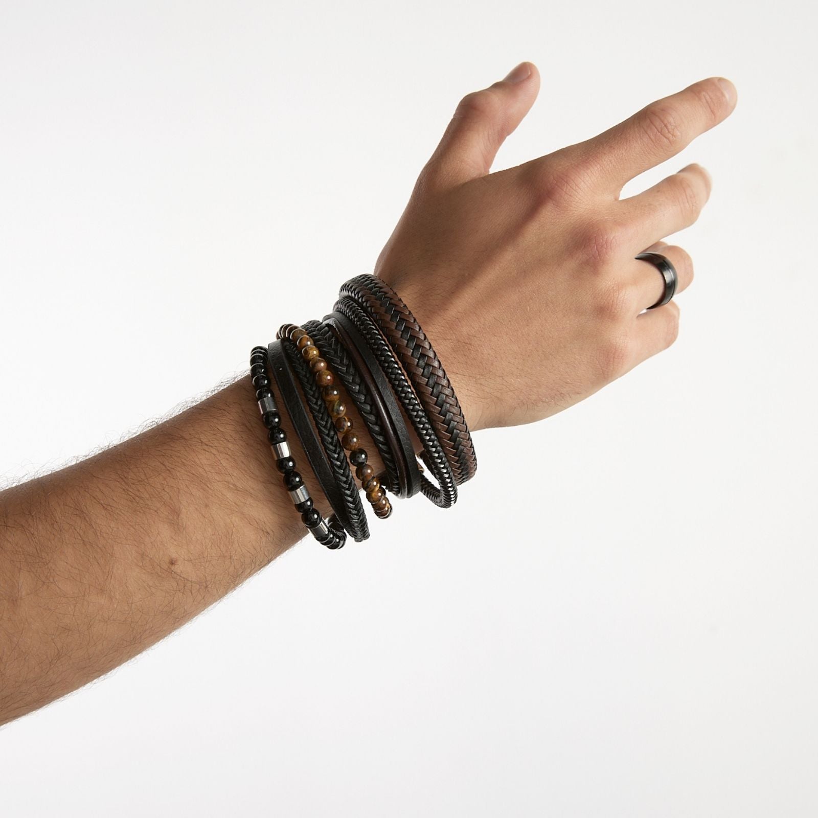 Pulsera unisex Triple (mostacilla + trenza + liso) - Cuero Sintético Acero Inoxidable - Plateada