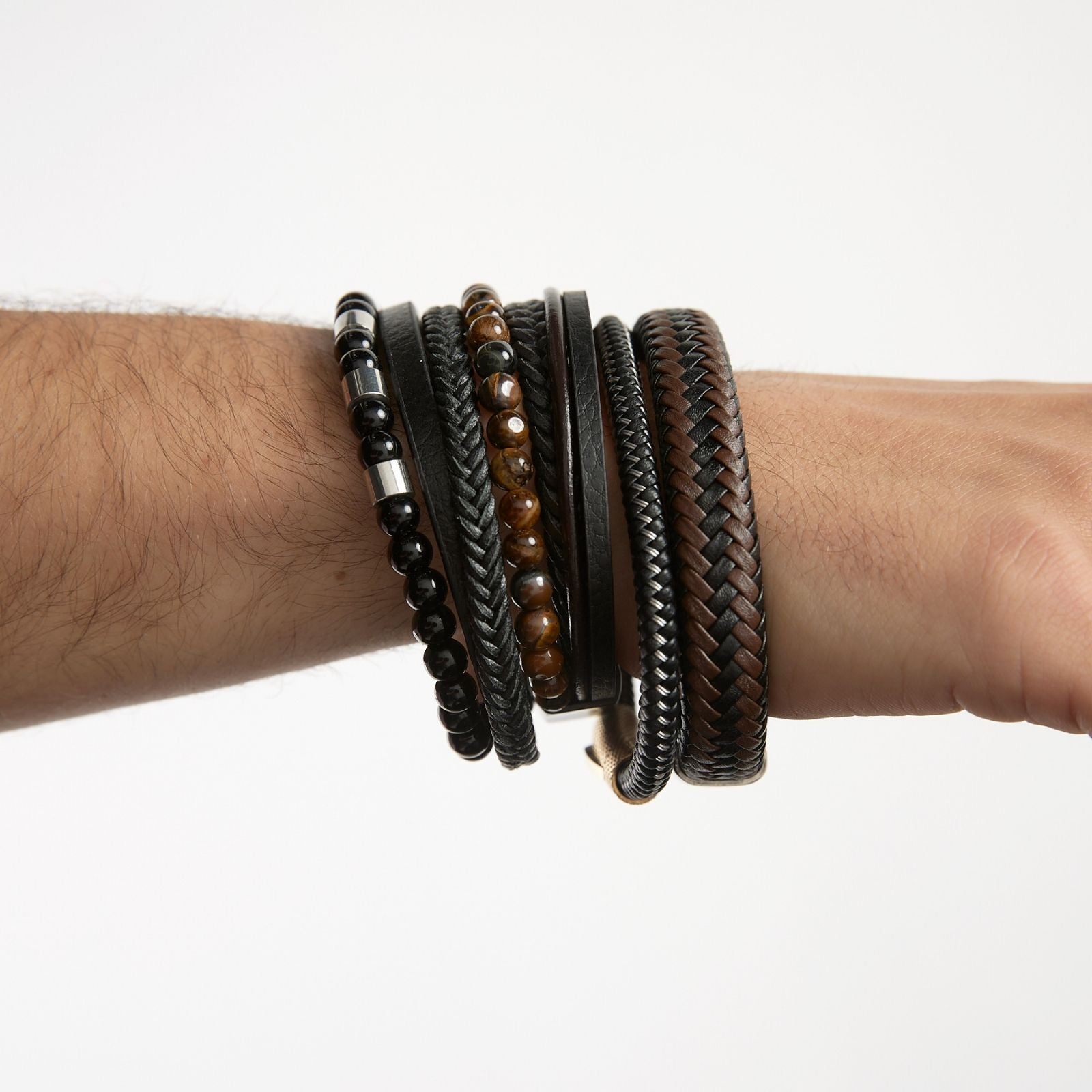 Pulsera unisex Triple (mostacilla + trenza + liso) - Cuero Sintético Acero Inoxidable - Plateada
