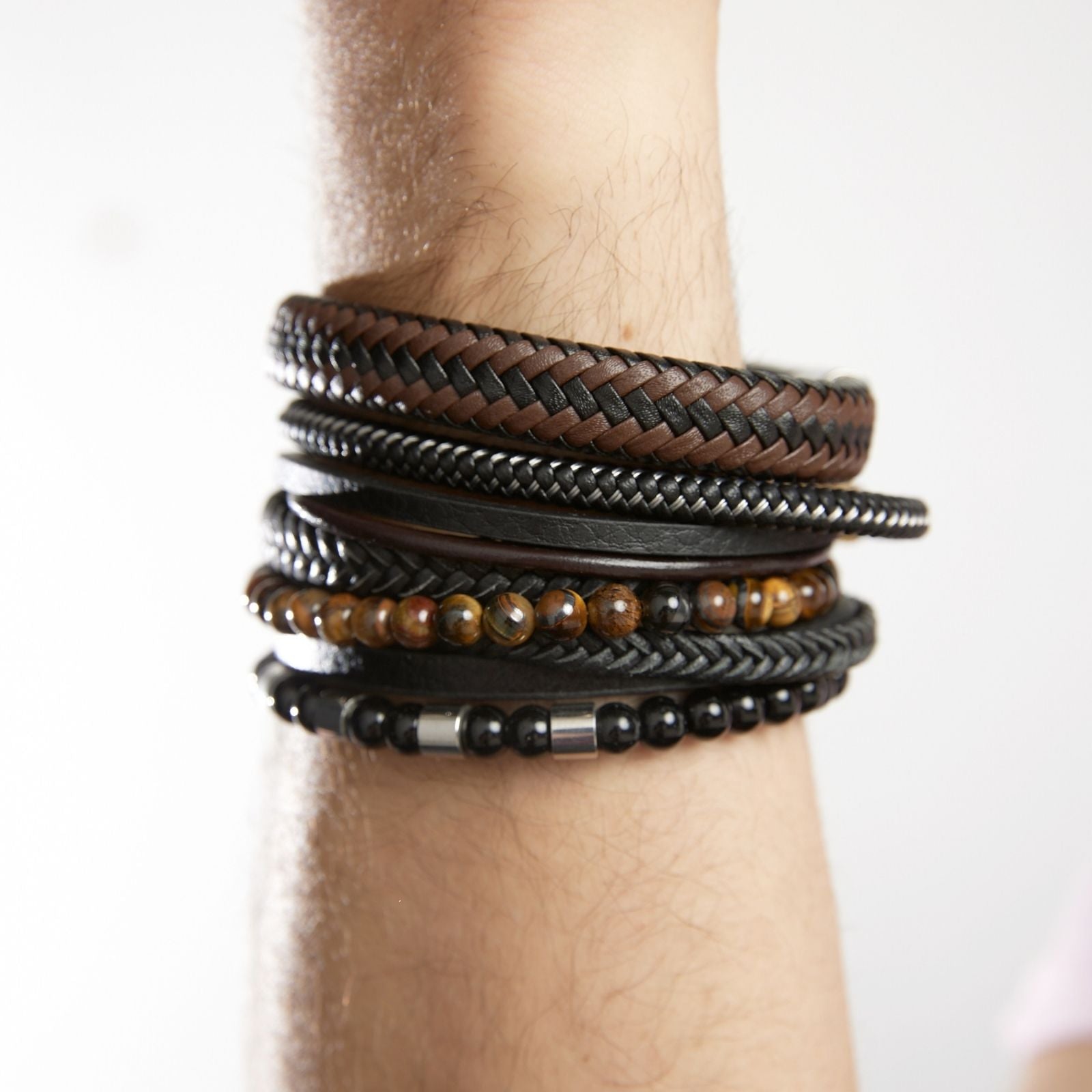 Pulsera unisex Triple (mostacilla + trenza + liso) - Cuero Sintético Acero Inoxidable - Plateada