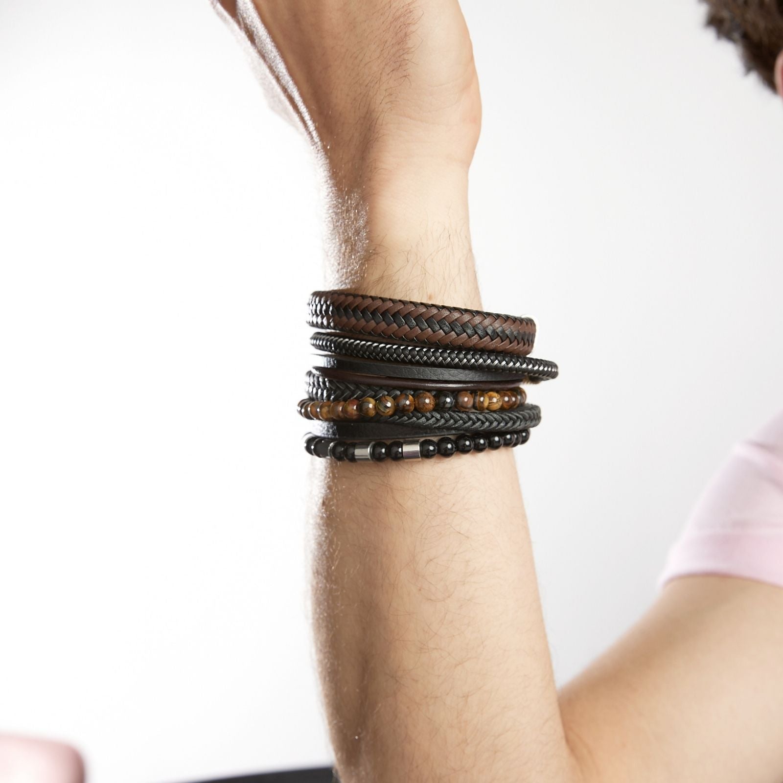 Pulsera unisex Triple (mostacilla + trenza + liso) - Cuero Sintético Acero Inoxidable - Plateada