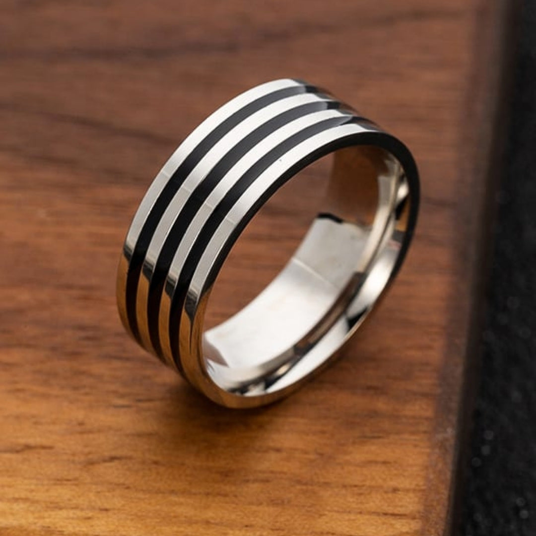 Anillo Unisex Geométrico 3 líneas Negras - Acero Inoxidable