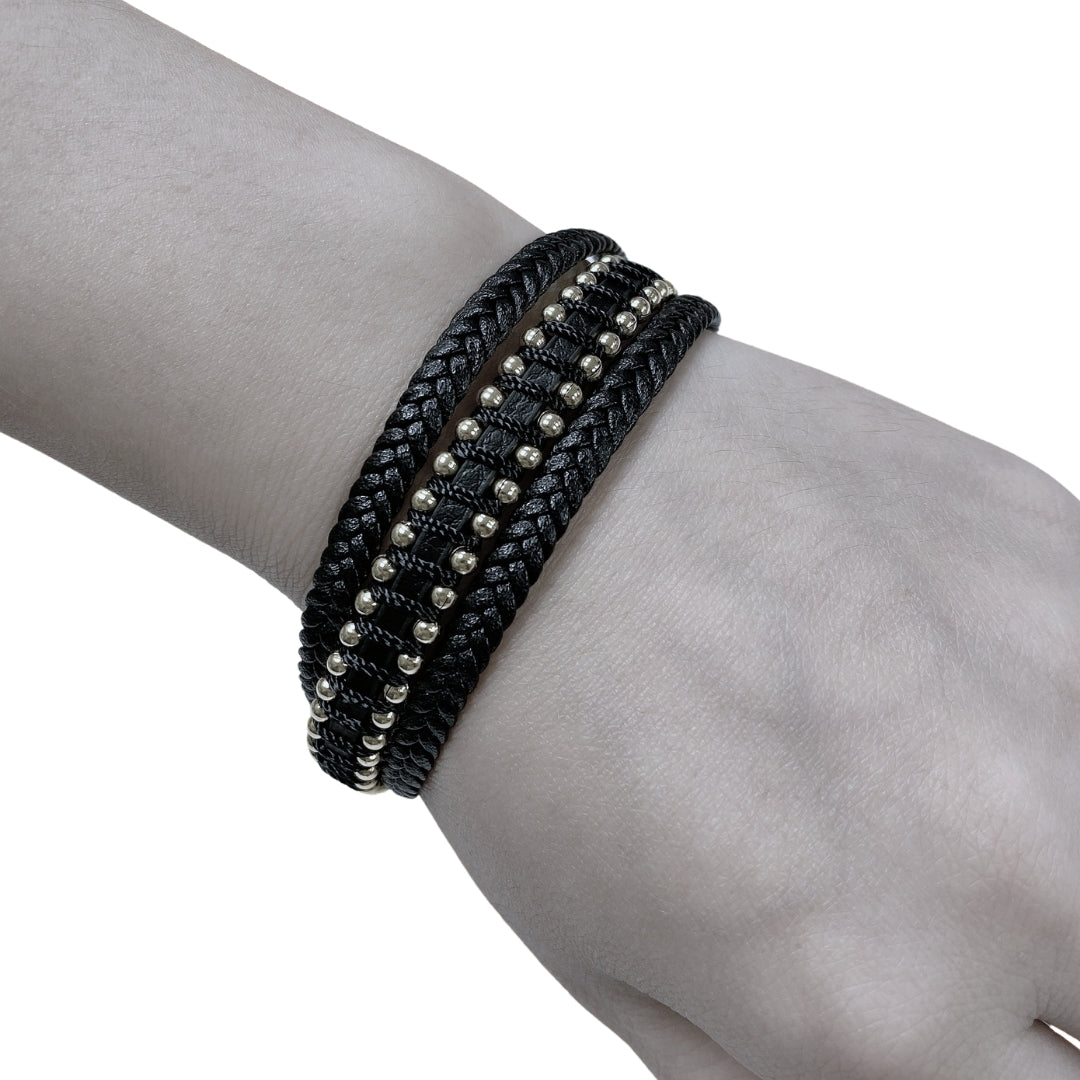 Pulsera unisex Rockera Triple Cuero Sintético Acero Inoxidable - Plateada