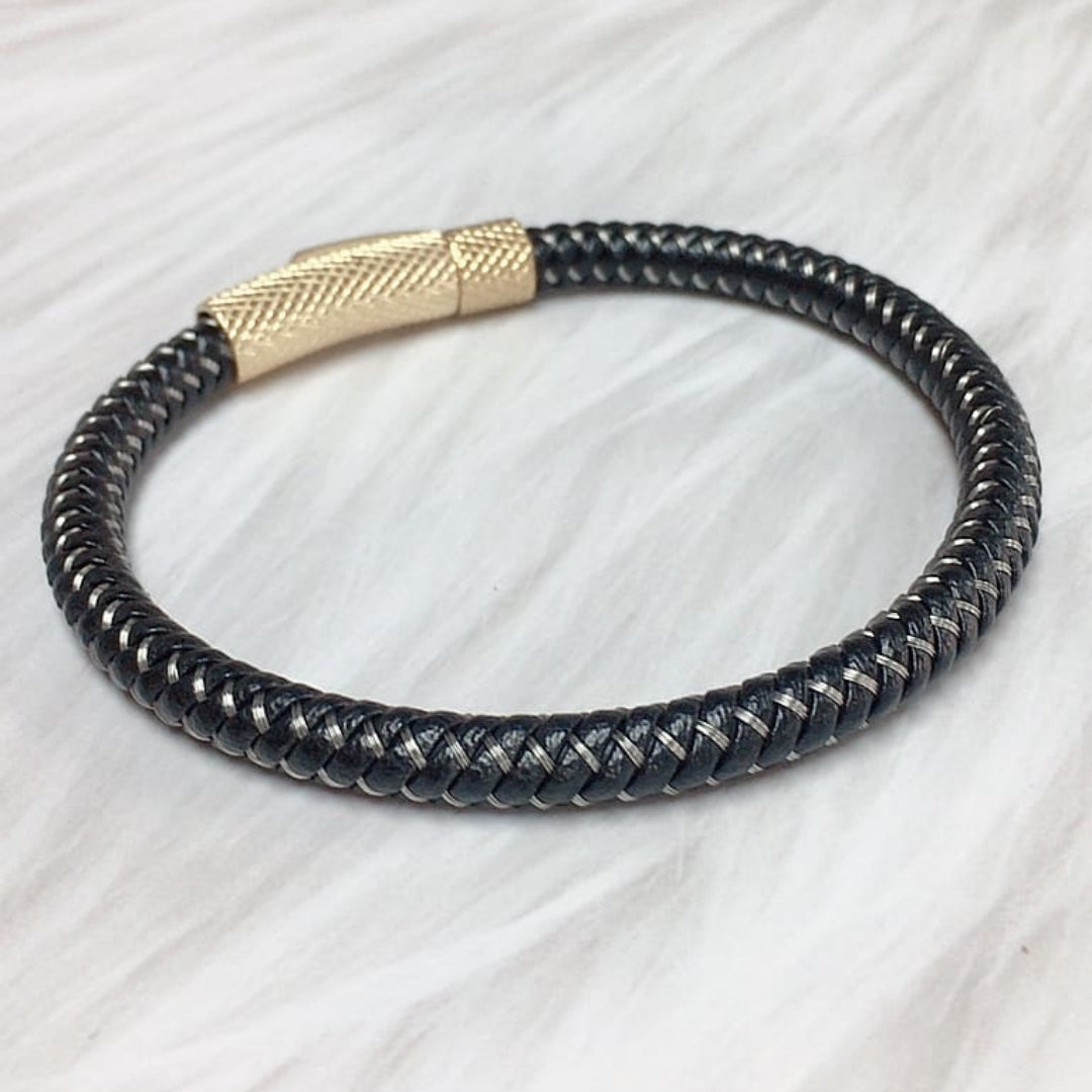 Pulsera unisex Trenza Redonda - Cuero Sintético - Acero Inoxidable - Gold