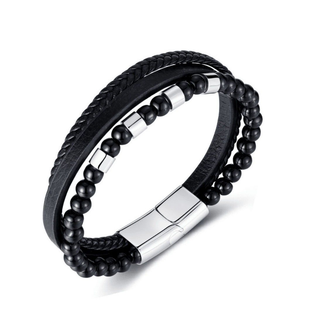 Pulsera unisex Triple (mostacilla + trenza + liso) - Cuero Sintético Acero Inoxidable - Plateada