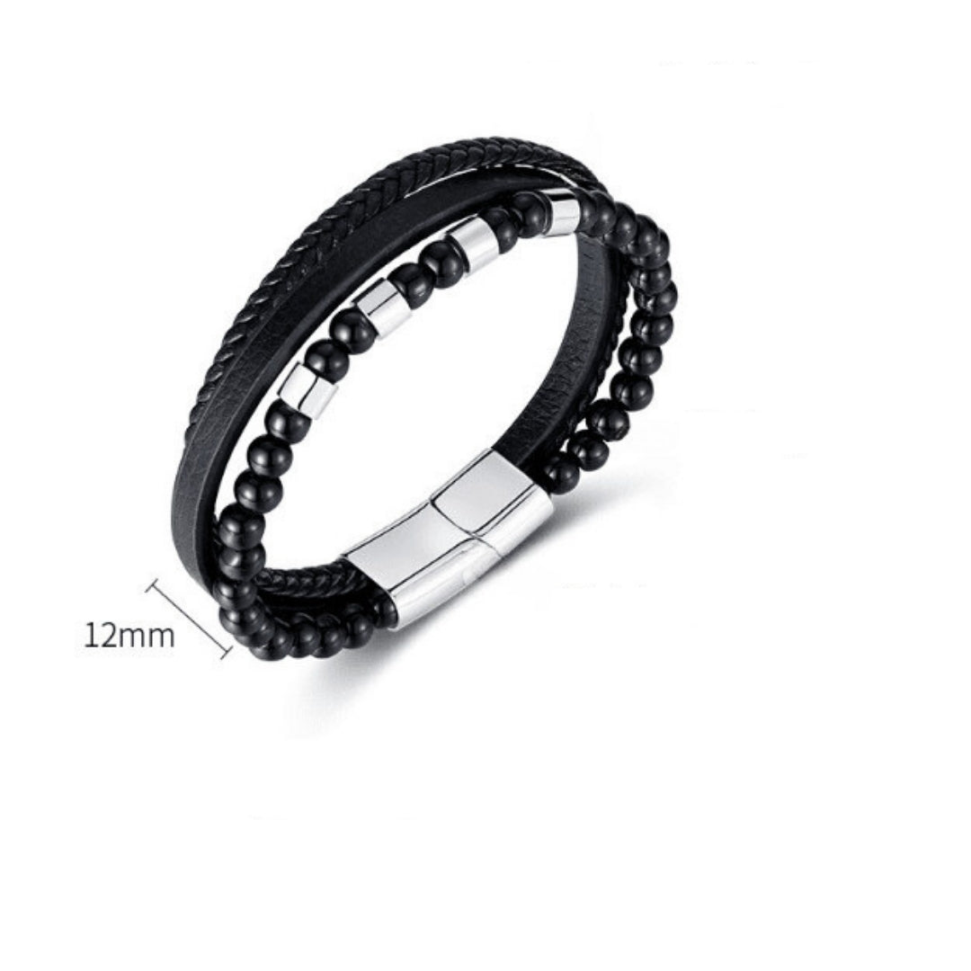 Pulsera unisex Triple (mostacilla + trenza + liso) - Cuero Sintético Acero Inoxidable - Plateada