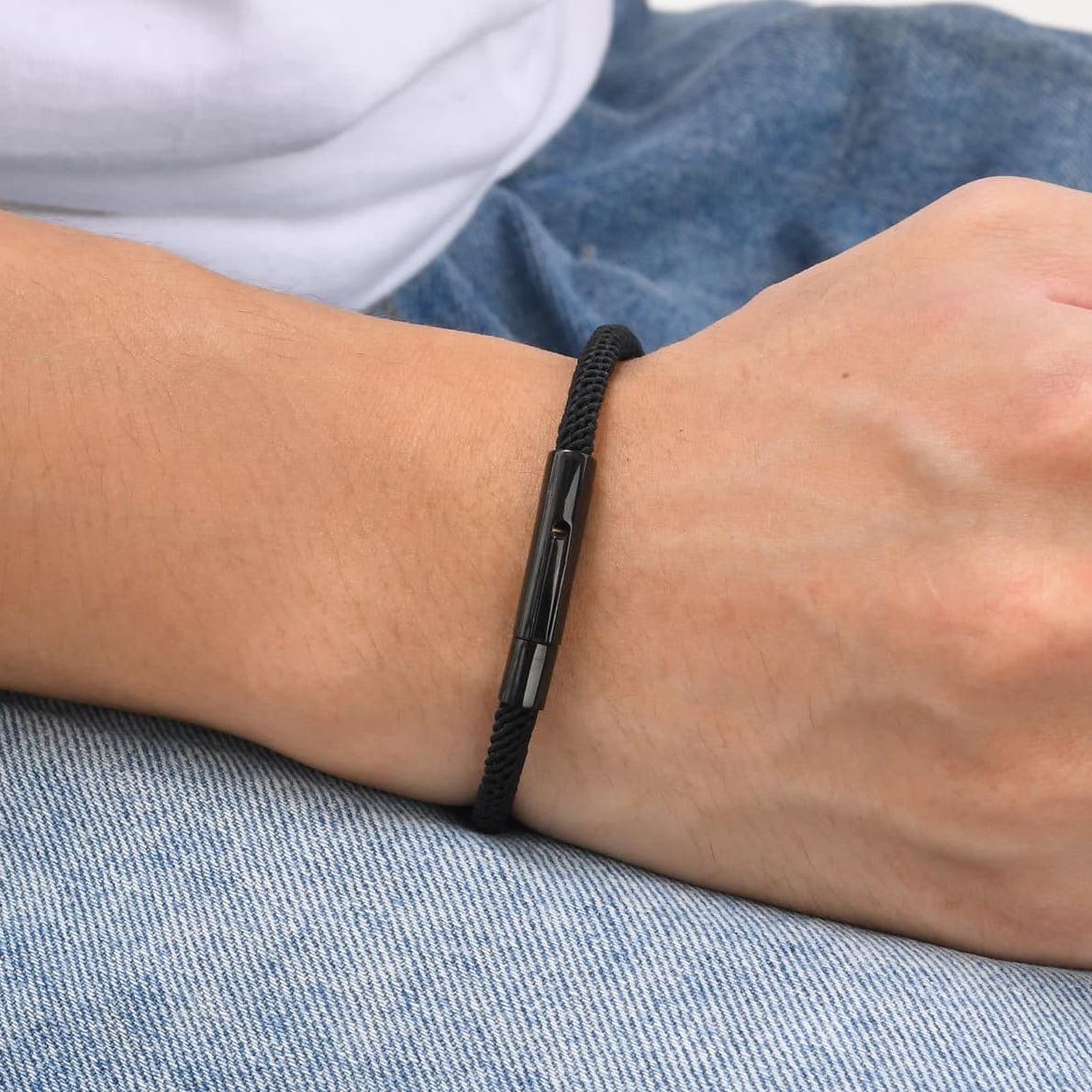 Pulsera Cuerda de Cuerina/Acero Inoxidable 4mm x 21cm Negra