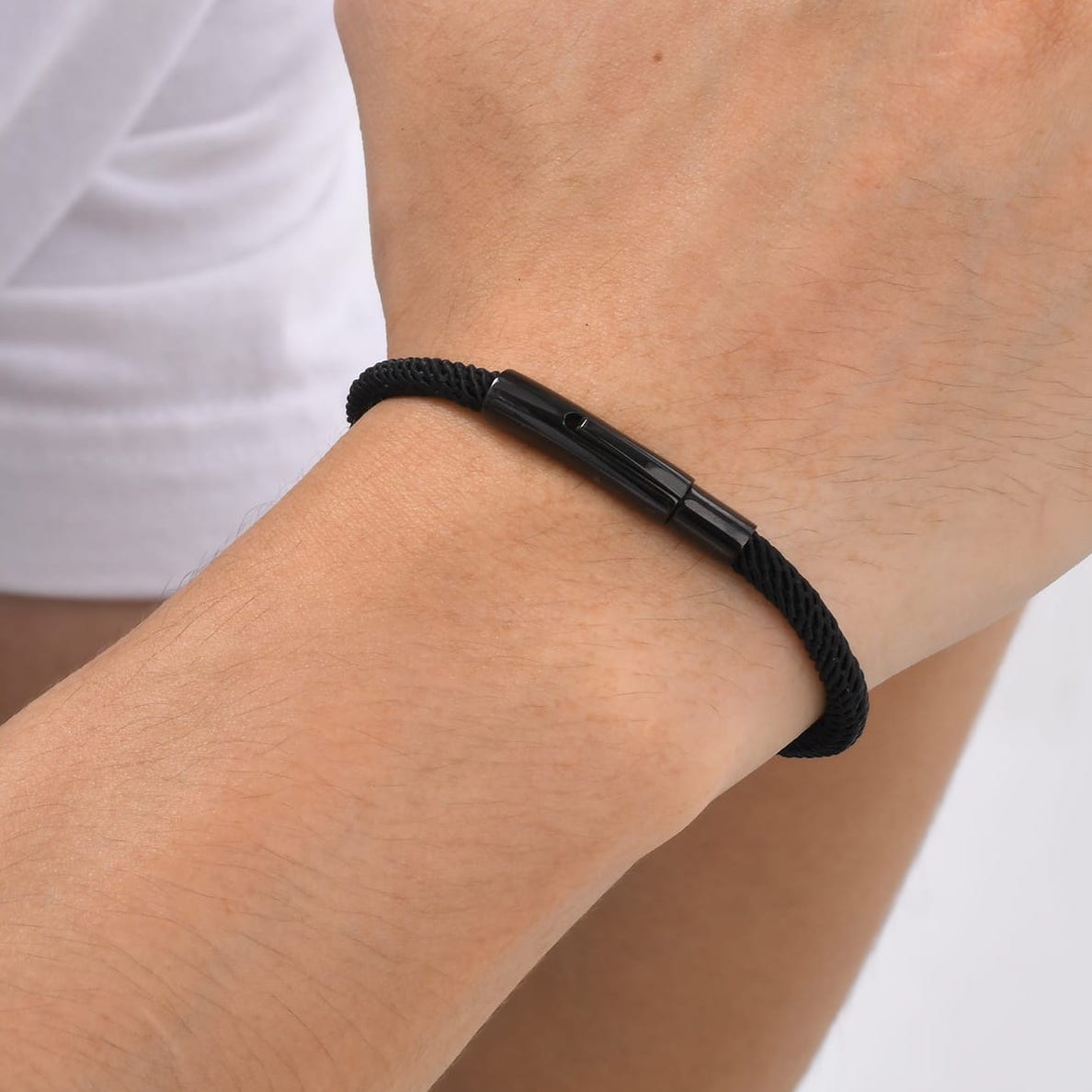 Pulsera Cuerda de Cuerina/Acero Inoxidable 4mm x 21cm Negra