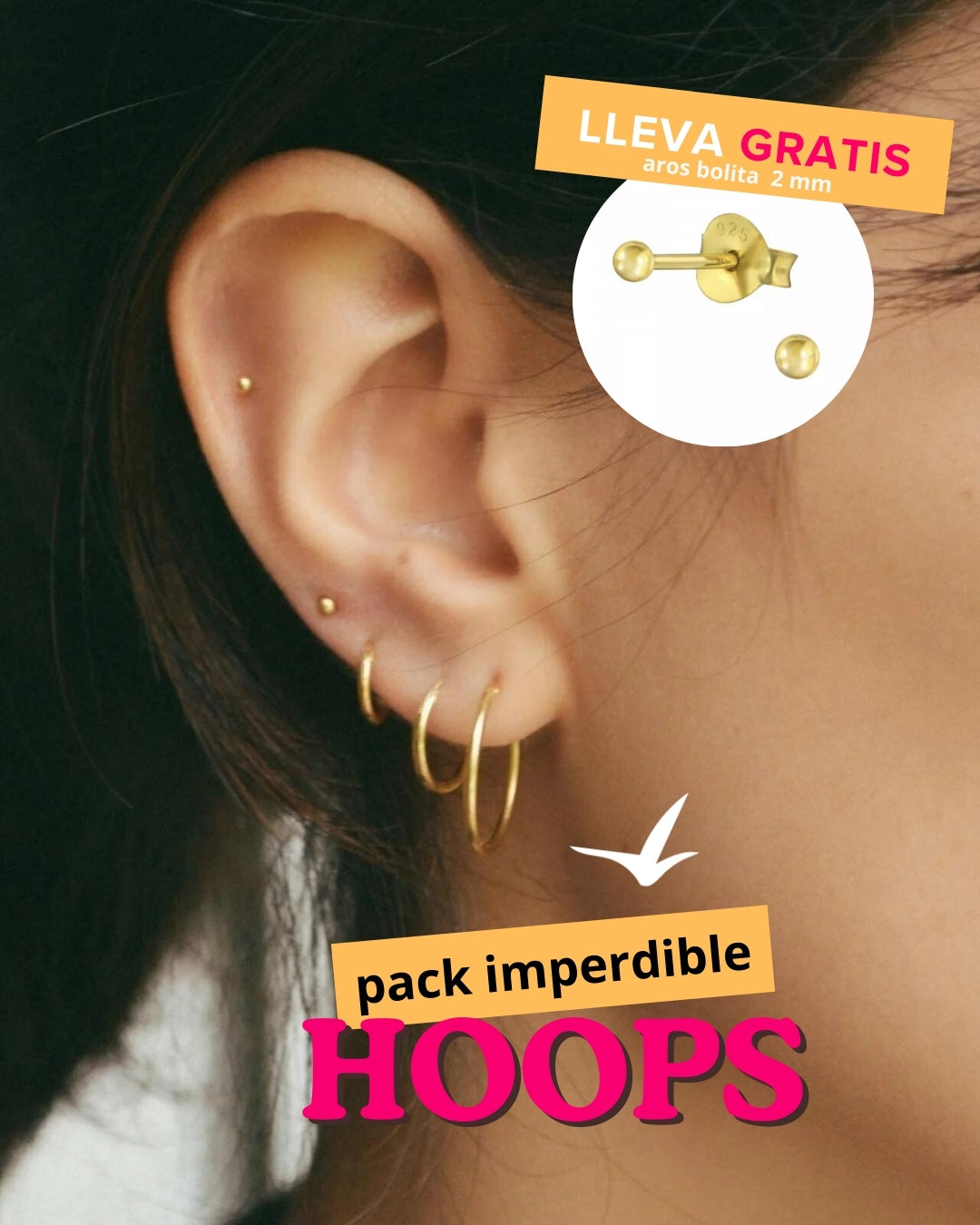 PACK HOOPS  Argollas 8mm + argollas 12 mm + Argollas 18 mm (incluye Aros Bolita 2mm Gold de REGALO) + ENVÍO GRATIS (RM y Valparaíso)