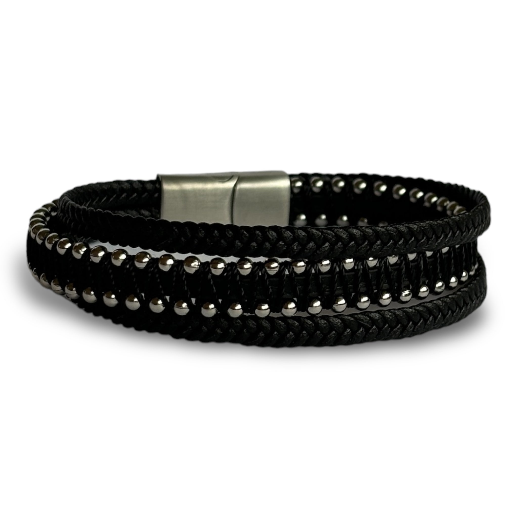 Pulsera  unisex Rockera Triple Cuero Sintético Acero Inoxidable - Plateada