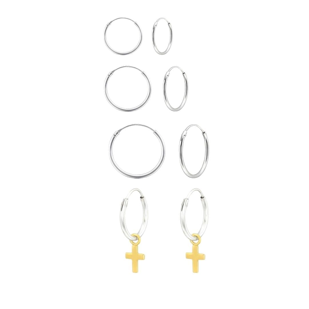 Goia AROS Pack Argollas Plata (14 mm, 12 mm y Argolla Cruz Colgante Bicolor) + argolla  8 mm de regalo