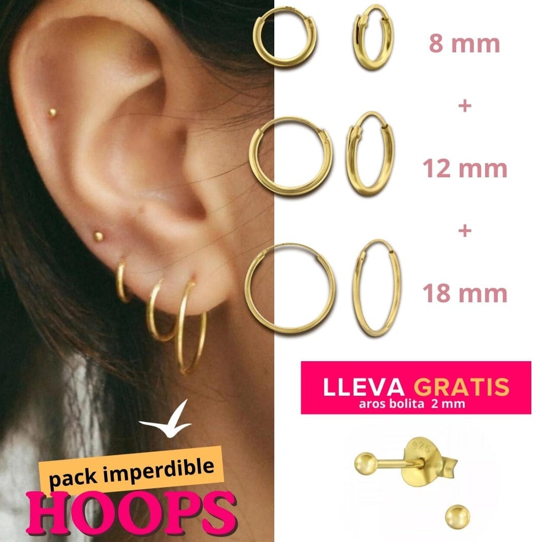 Goia Aros PACK HOOPS  Argollas 8mm + argollas 12 mm + Argollas 18 mm (incluye Aros Bolita 2mm Gold de REGALO)