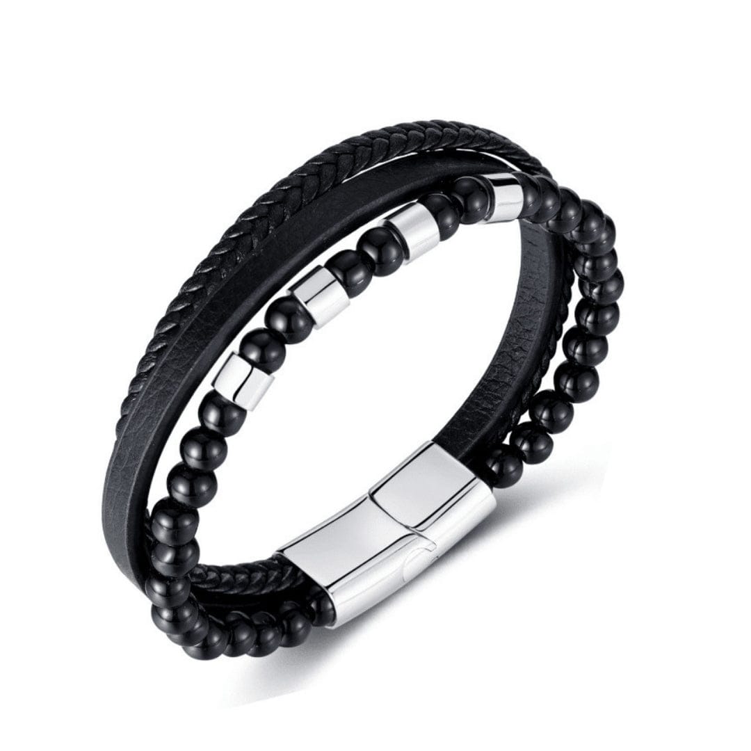 Goia PULSERA Pulsera  unisex Triple (mostacilla + trenza + liso) - Cuero Sintético Acero Inoxidable - Plateada